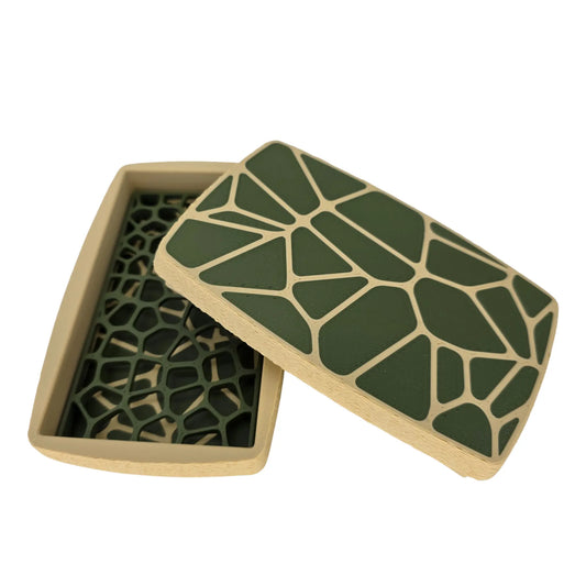 Boîte à savon de voyage bicolore vert et beige en impression 3D ouverte avec couvercle géométrique