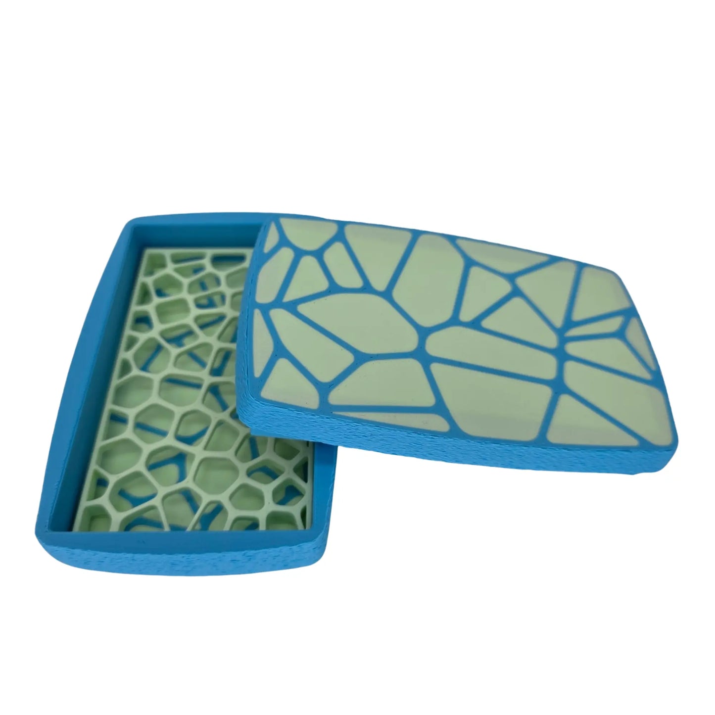 Boîte à savon de voyage bicolore vert et beige en impression 3D ouverte avec couvercle géométrique