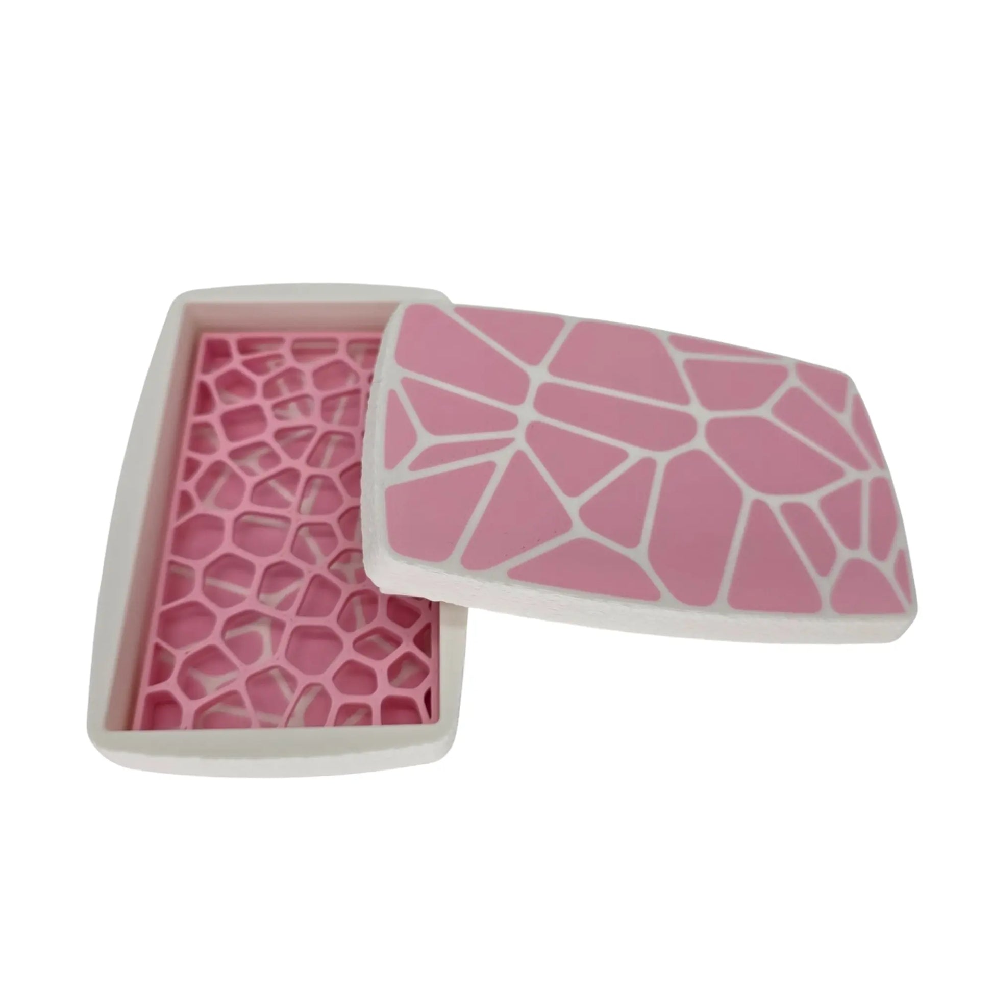 Boîte à savon de voyage bicolore vert et beige en impression 3D ouverte avec couvercle géométrique