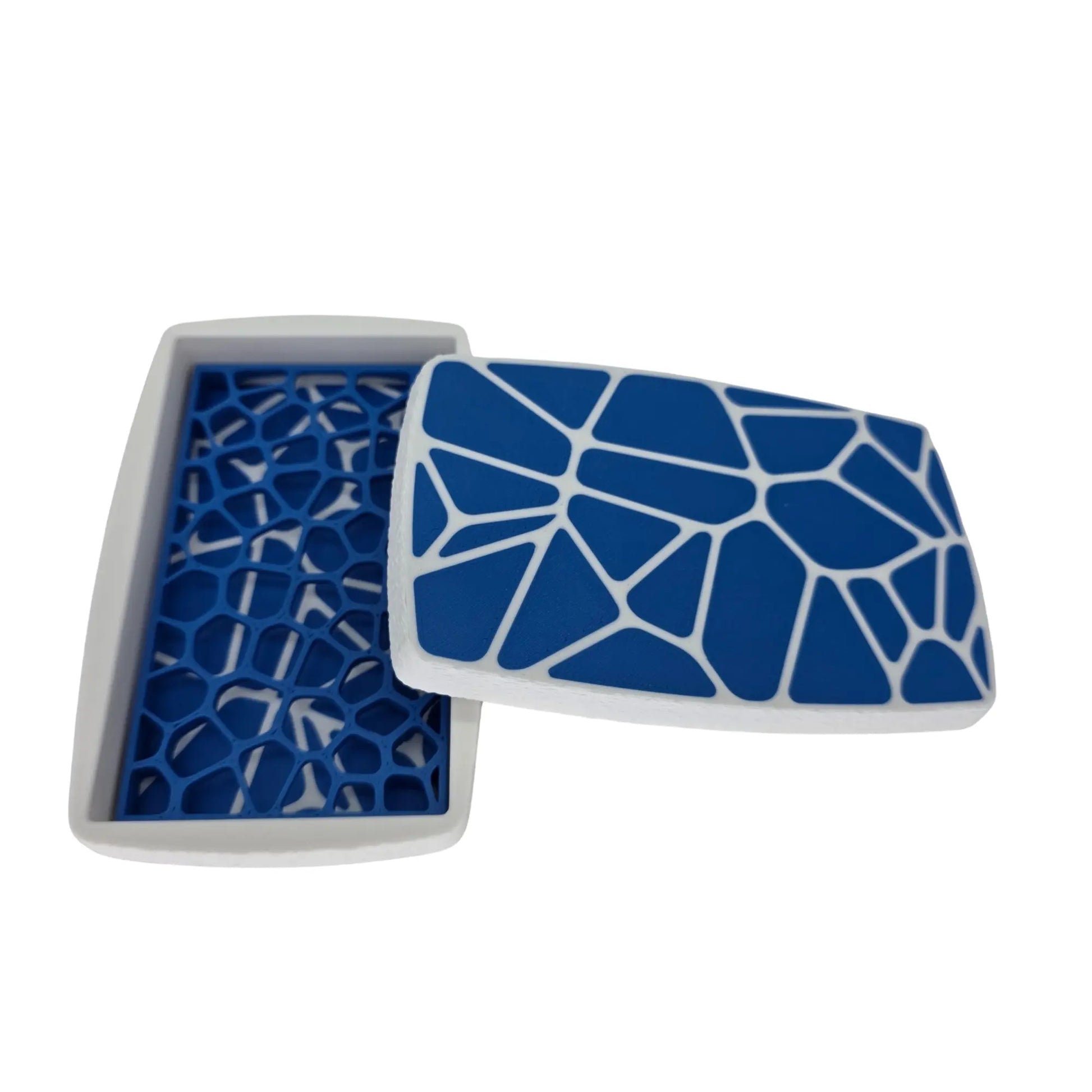 Boîte à savon de voyage bicolore vert et beige en impression 3D ouverte avec couvercle géométrique