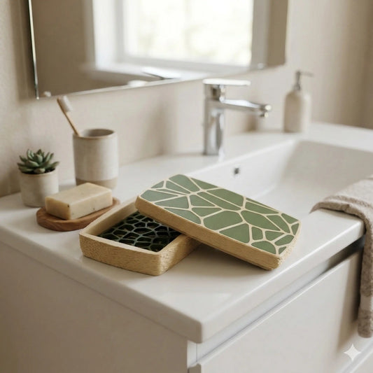 Boîte à savon de voyage bicolore vert et beige en impression 3D ouverte avec couvercle géométrique